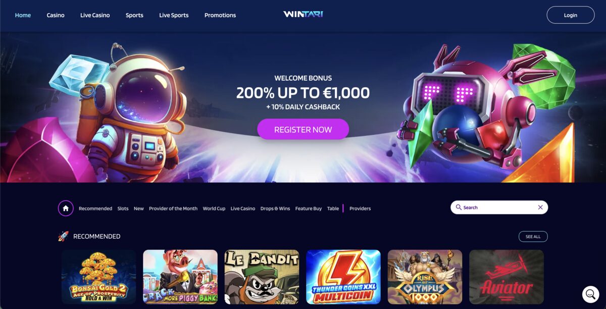 Screenshot van de homepage van Wintari